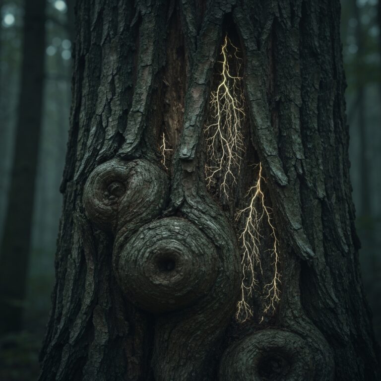 A hyper-realistic close-up of an ancient, gnarled tree trunk in a dark forest, its bark glowing with faint, bioluminescent fungal networks that look like human neural pathways, moody lighting, cinematic, highly detailed.