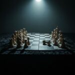 A cinematic, high-contrast image of a chess game where one side's pieces are huddled defensively in a corner, while the opposing side advances boldly. Dramatic lighting, dark and moody atmosphere, symbolizing psychological defense mechanisms.