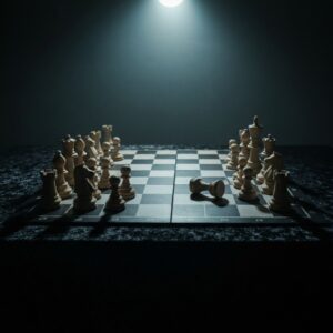 A cinematic, high-contrast image of a chess game where one side's pieces are huddled defensively in a corner, while the opposing side advances boldly. Dramatic lighting, dark and moody atmosphere, symbolizing psychological defense mechanisms.