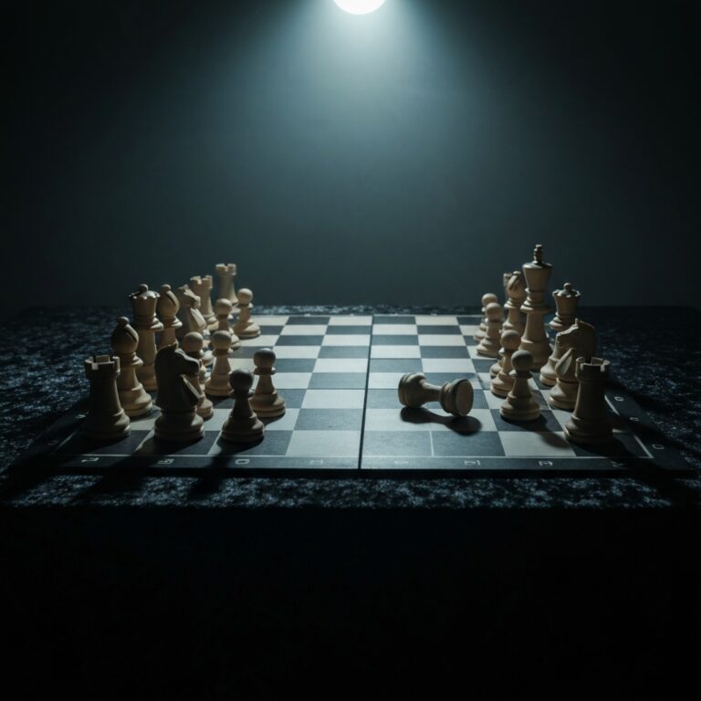 A cinematic, high-contrast image of a chess game where one side's pieces are huddled defensively in a corner, while the opposing side advances boldly. Dramatic lighting, dark and moody atmosphere, symbolizing psychological defense mechanisms.