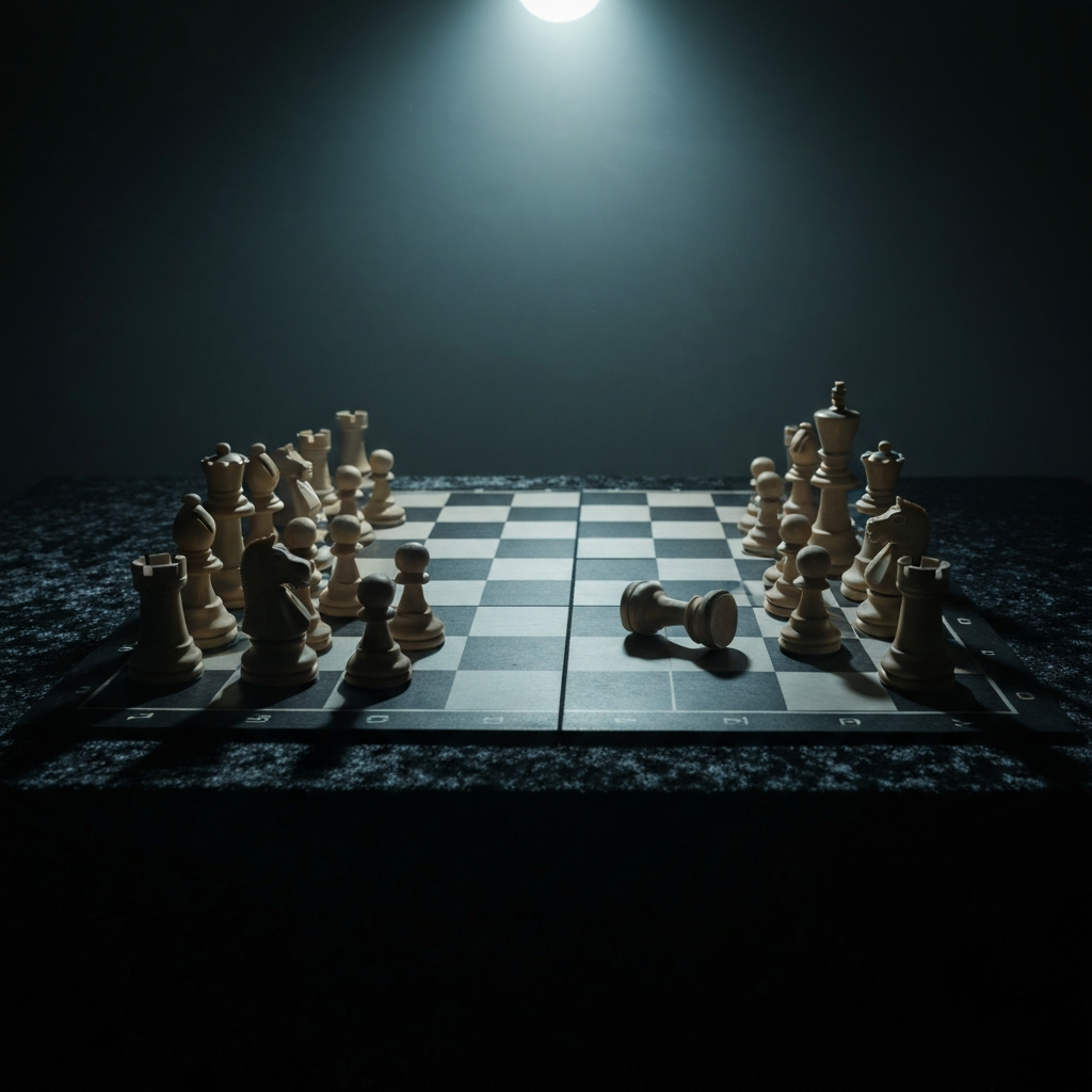 A cinematic, high-contrast image of a chess game where one side's pieces are huddled defensively in a corner, while the opposing side advances boldly. Dramatic lighting, dark and moody atmosphere, symbolizing psychological defense mechanisms.
