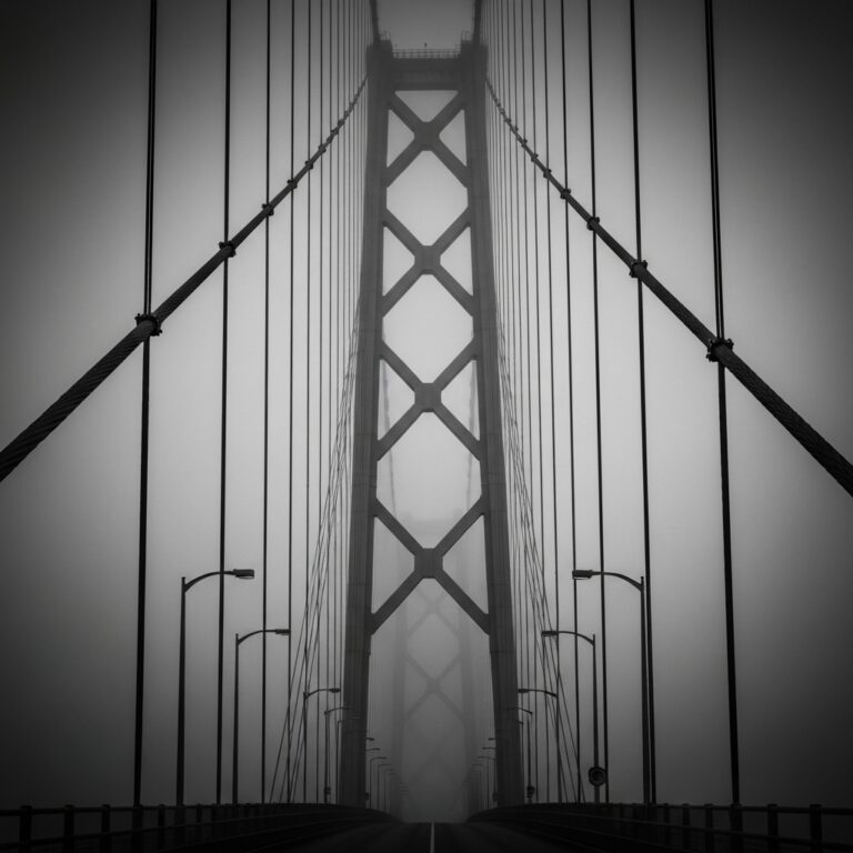 A dramatic, high-contrast black and white photograph of a massive suspension bridge emerging from thick fog. The thick steel cables are taut, emphasizing extreme tension and structural integrity. Cinematic lighting, architectural focus, highly detailed, 8k resolution.