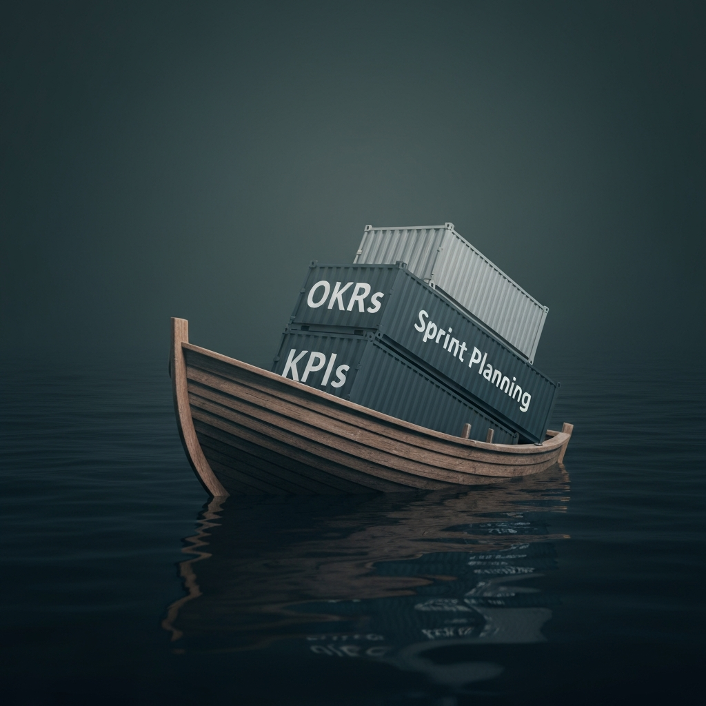 A metaphorical image of a tiny wooden rowboat burdened with massive, heavy steel shipping containers labeled 'OKRs', 'KPIs', and 'Sprint Planning', slowly sinking into a dark ocean. Minimalist, conceptual 3D render, soft lighting, muted colors.
