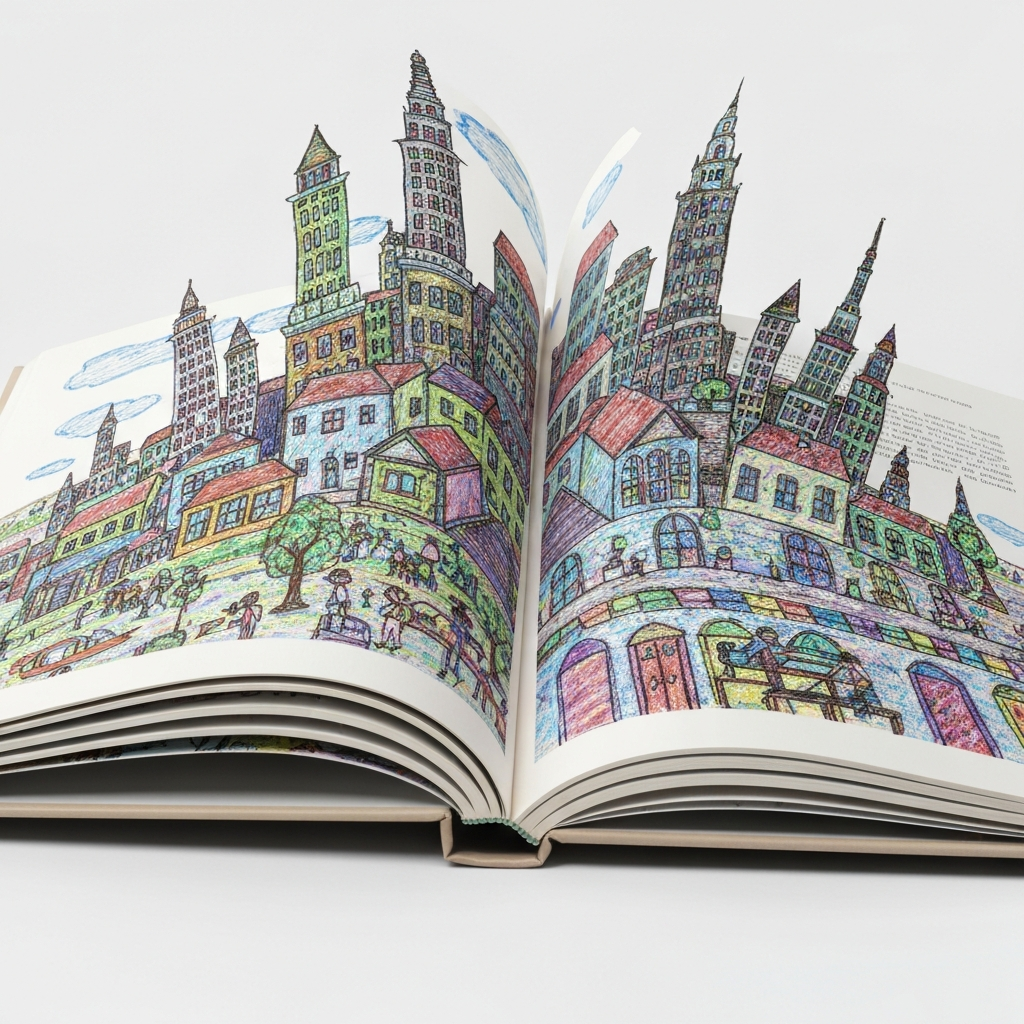 An open book with pages transforming into a child's crayon drawings of a complex, chaotic adult city. The drawings are vibrant but naive, contrasting with the dense, sophisticated typography of the surrounding text. Conceptual art, studio lighting, macro photography.