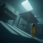 A low-angle perspective looking up at a towering, slightly distorted adult world, seen through the eyes of a child. Oversized furniture, elongated shadows, and a muted color palette conveying a sense of mystery and dramatic irony. Cinematic lighting, highly detailed, photorealistic.