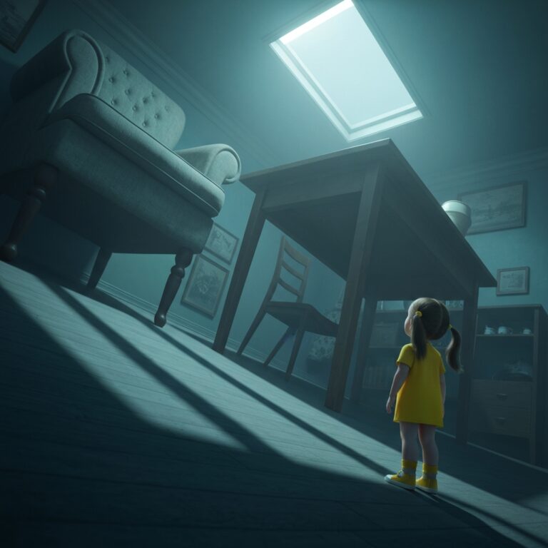 A low-angle perspective looking up at a towering, slightly distorted adult world, seen through the eyes of a child. Oversized furniture, elongated shadows, and a muted color palette conveying a sense of mystery and dramatic irony. Cinematic lighting, highly detailed, photorealistic.