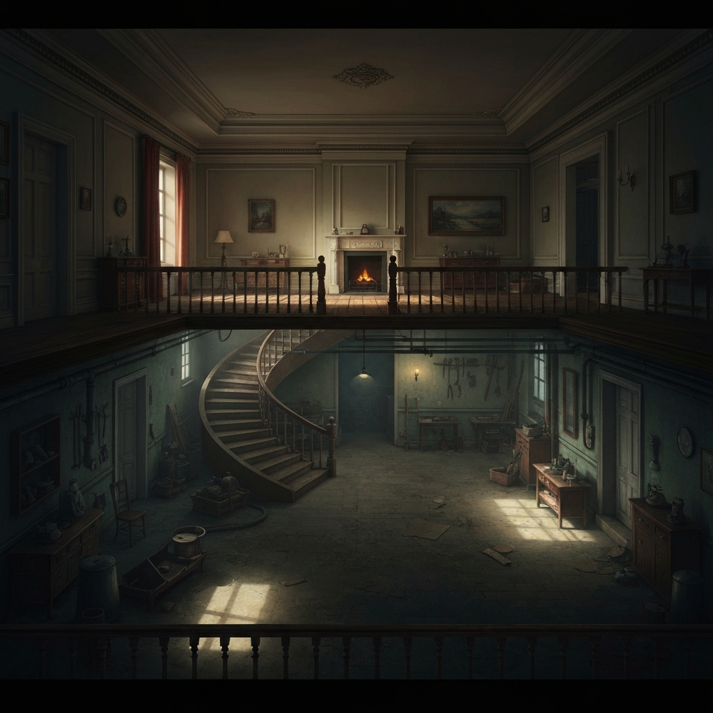 A highly detailed cross-section view of a Victorian house, showing a normal, well-lit living room on top, and a dark, cluttered, labyrinthine basement below. Roots and earth press against the basement walls. The art style is slightly surreal, capturing the psychological concept of the conscious mind versus the hidden unconscious id.