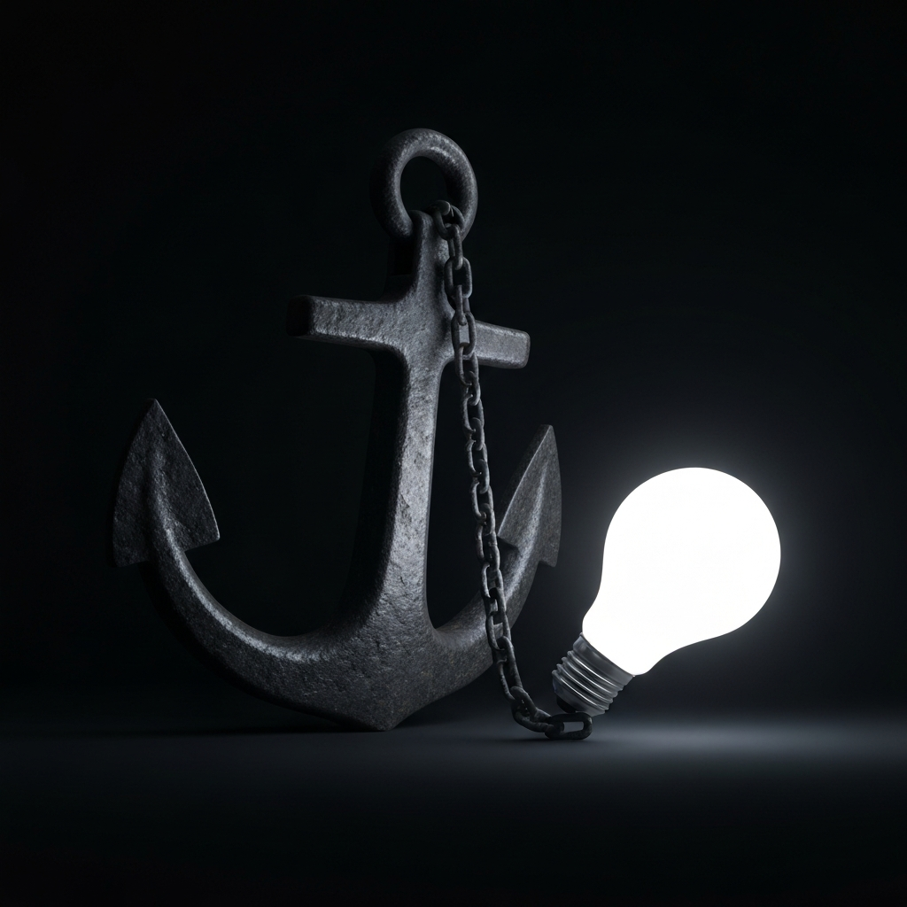 A minimalist, high-contrast image of a heavy iron anchor chained to a glowing lightbulb, symbolizing the weight of permanent decisions dragging down creative drive, dark background, photorealistic.
