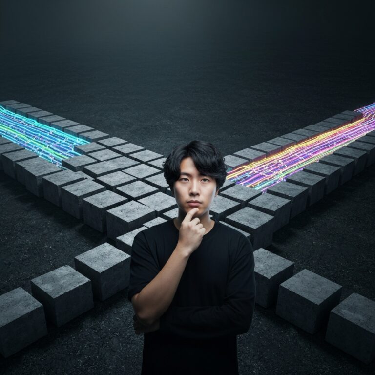A conceptual illustration of a person standing at a crossroads where one path is made of heavy, immovable concrete blocks and the other is made of glowing, flexible digital pathways, moody lighting, cinematic.