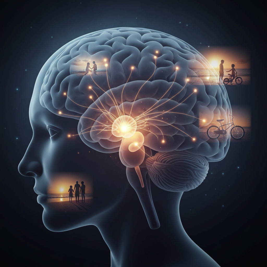 A conceptual, moody illustration of the human brain with softly glowing neural pathways connecting the olfactory bulb to the emotional memory centers. Subtle, ethereal overlays of warm childhood memories fade into the dark background, blending neuroscience with nostalgia.