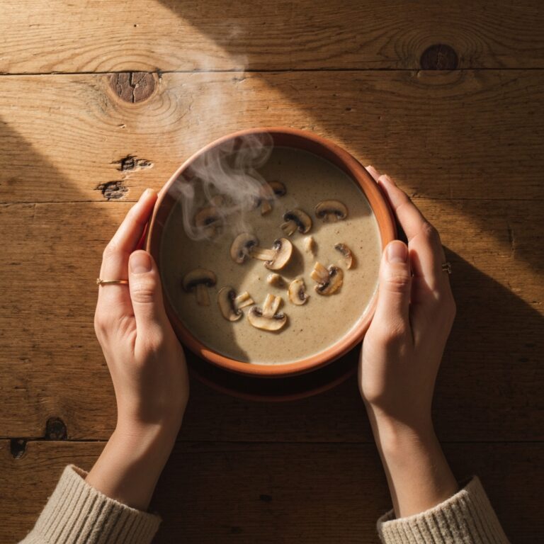 A top-down view of a person's hands wrapped gently around a warm, steaming bowl of soup on a rustic wooden table. Soft, warm natural lighting highlights the rising steam, conveying a deep sense of emotional warmth, grounding, and psychological safety.
