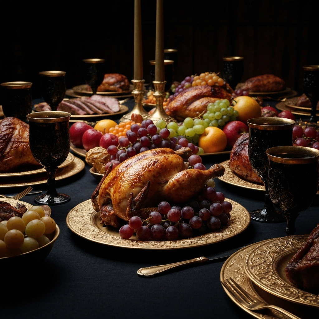 A lavish, medieval-style banquet table overflowing with roasted meats, exotic fruits, and overflowing goblets of wine, casting long dark shadows that suggest hidden danger and political tension, cinematic lighting.