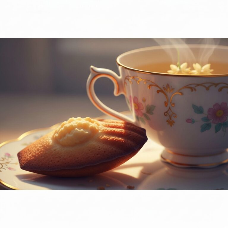 A close-up, highly detailed illustration of a delicate madeleine cookie resting next to an ornate teacup filled with linden tea, soft warm lighting, evoking a sense of nostalgia and deep memory, literary aesthetic.