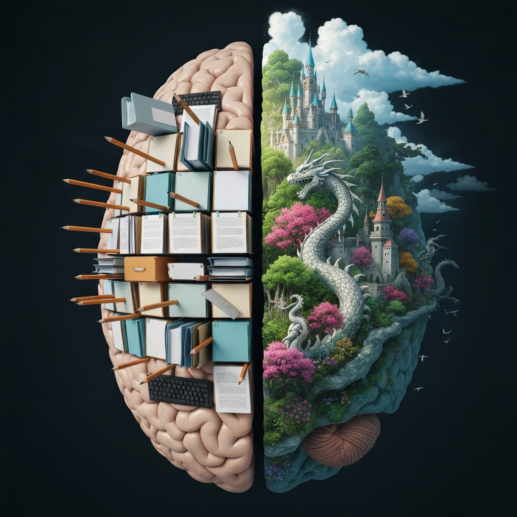 A surreal conceptual illustration showing a human brain where one hemisphere is composed of organized, mundane office elements and the other hemisphere blossoms into a vibrant, fantastical landscape with castles, dragons, and lush forests. High detail, psychological concept art.