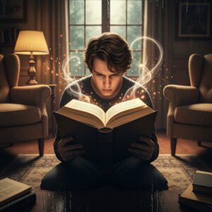 A cozy, dimly lit reading nook by a rain-streaked window, featuring a person completely engrossed in a thick hardcover book. Ethereal, glowing elements gently rise from the pages, symbolizing a vivid fictional world blending with reality. Cinematic lighting, photorealistic, warm tones.
