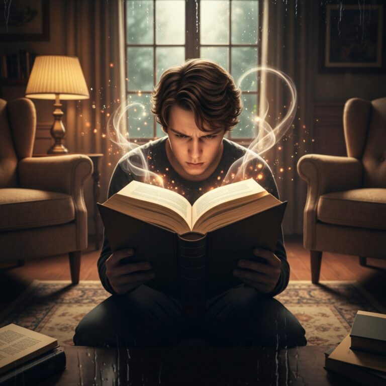 A cozy, dimly lit reading nook by a rain-streaked window, featuring a person completely engrossed in a thick hardcover book. Ethereal, glowing elements gently rise from the pages, symbolizing a vivid fictional world blending with reality. Cinematic lighting, photorealistic, warm tones.