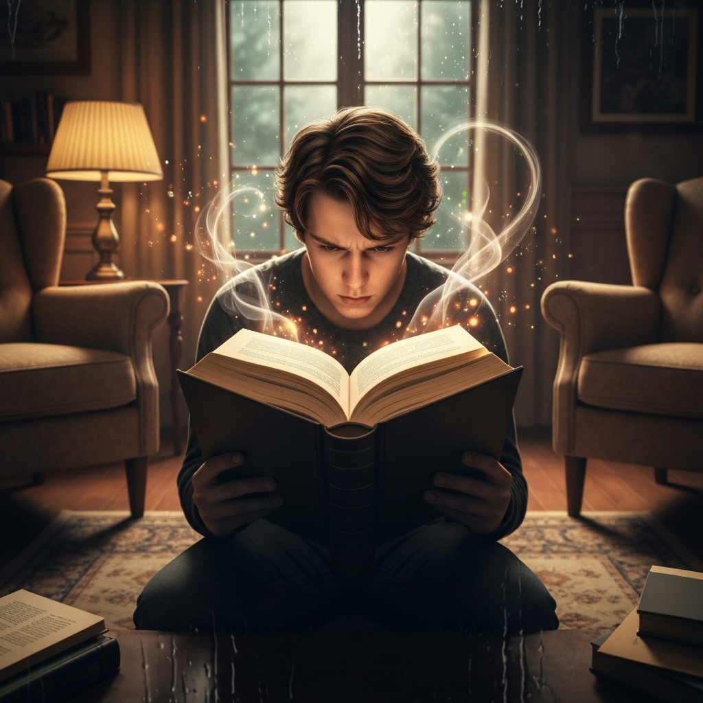 A cozy, dimly lit reading nook by a rain-streaked window, featuring a person completely engrossed in a thick hardcover book. Ethereal, glowing elements gently rise from the pages, symbolizing a vivid fictional world blending with reality. Cinematic lighting, photorealistic, warm tones.