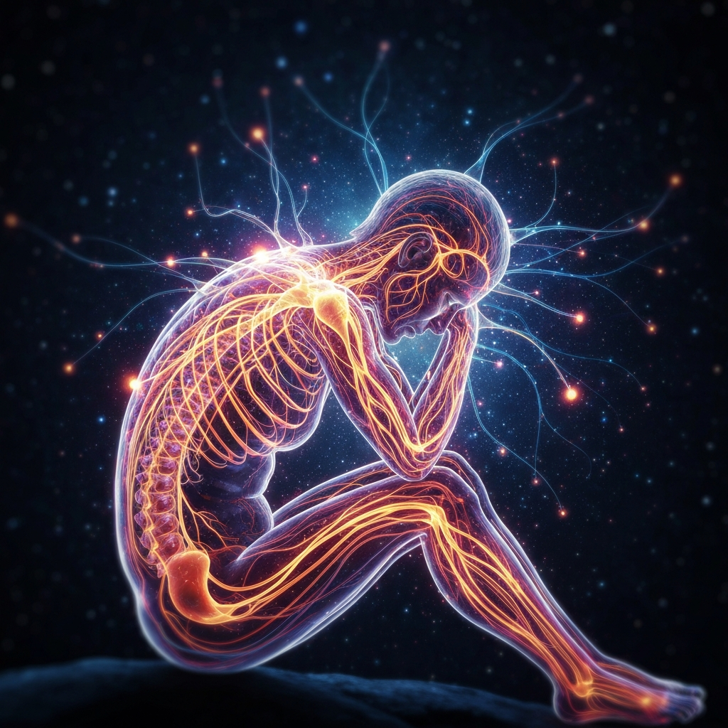 A visual metaphor of the nervous system's response to vulnerability. A glowing, intricate network of subtle, bioluminescent nerves overlaid on a dark silhouette of a person sitting on a couch, holding their head in their hands. Cool blue tones transitioning into warm orange and red tones in the chest and head, illustrating the contrast between calm and autonomic panic.
