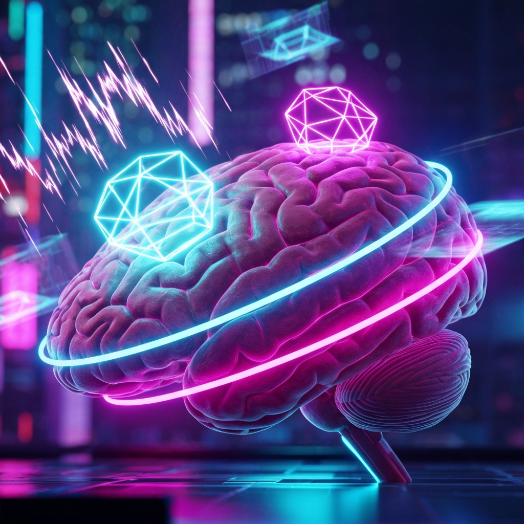 A conceptual illustration of a human brain acting as a sieve, filtering out glowing digital noise and retaining only solid, glowing geometric shapes representing durable knowledge. Cyberpunk aesthetic, neon accents.