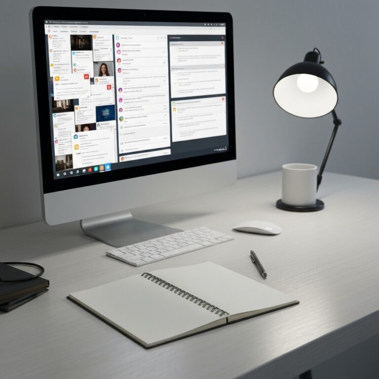 A minimalist workspace with a computer screen showing a chaotic, overflowing inbox and social media feeds, contrasting with a calm, blank notebook on a clean wooden desk. Cinematic lighting, photorealistic, high contrast.
