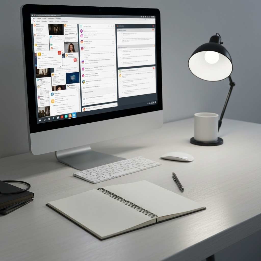 A minimalist workspace with a computer screen showing a chaotic, overflowing inbox and social media feeds, contrasting with a calm, blank notebook on a clean wooden desk. Cinematic lighting, photorealistic, high contrast.