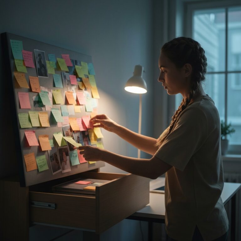 A cinematic, dimly lit workspace where a person is taking down a cluttered vision board filled with sticky notes and photos, placing them into a sleek wooden drawer. The mood is calm and intentional, symbolizing the removal of visual noise to regain focus. High resolution, photorealistic.
