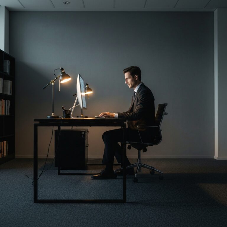 A minimalist, well-lit home office featuring a wooden standing desk. A person is captured mid-stretch, reaching their arms upward, with soft natural light streaming through a large window, highlighting the dust motes in the air. High-resolution, cinematic lighting, architectural photography style.