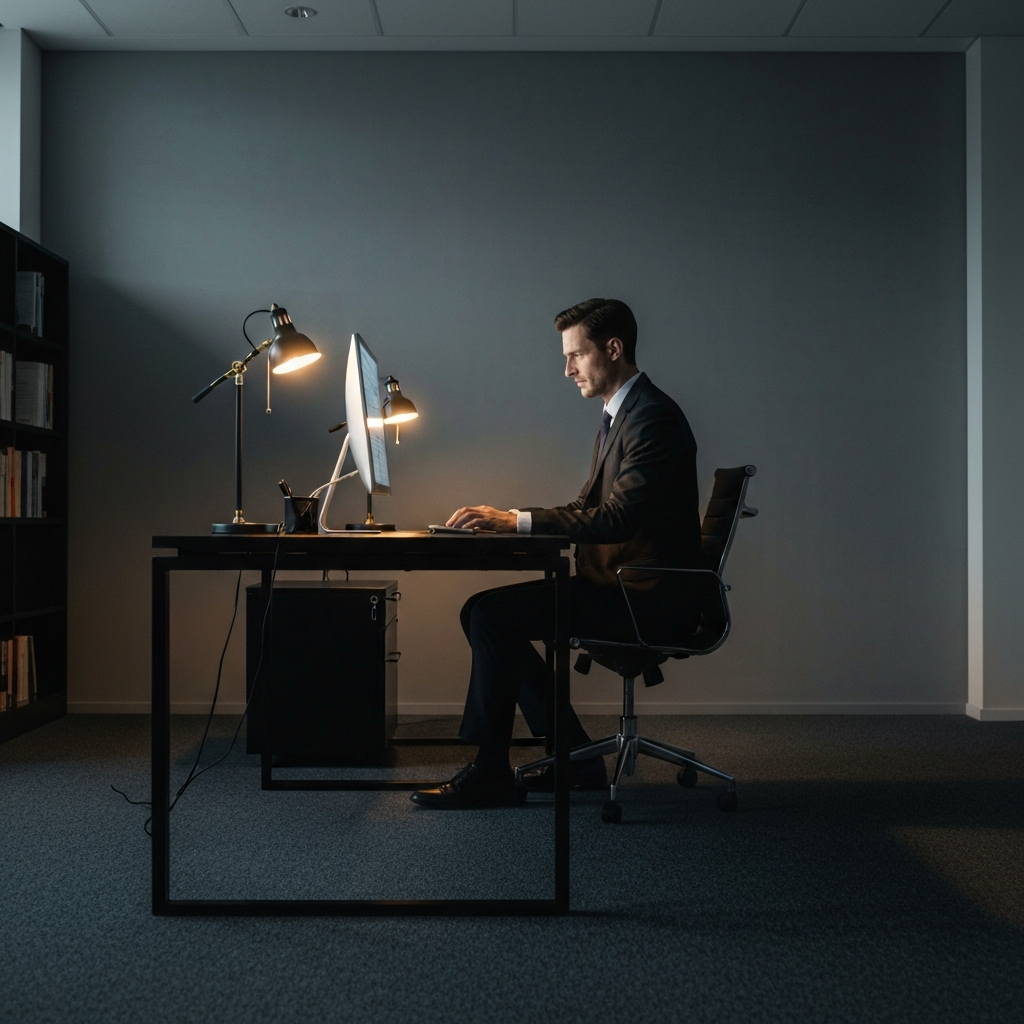 A minimalist, well-lit home office featuring a wooden standing desk. A person is captured mid-stretch, reaching their arms upward, with soft natural light streaming through a large window, highlighting the dust motes in the air. High-resolution, cinematic lighting, architectural photography style.