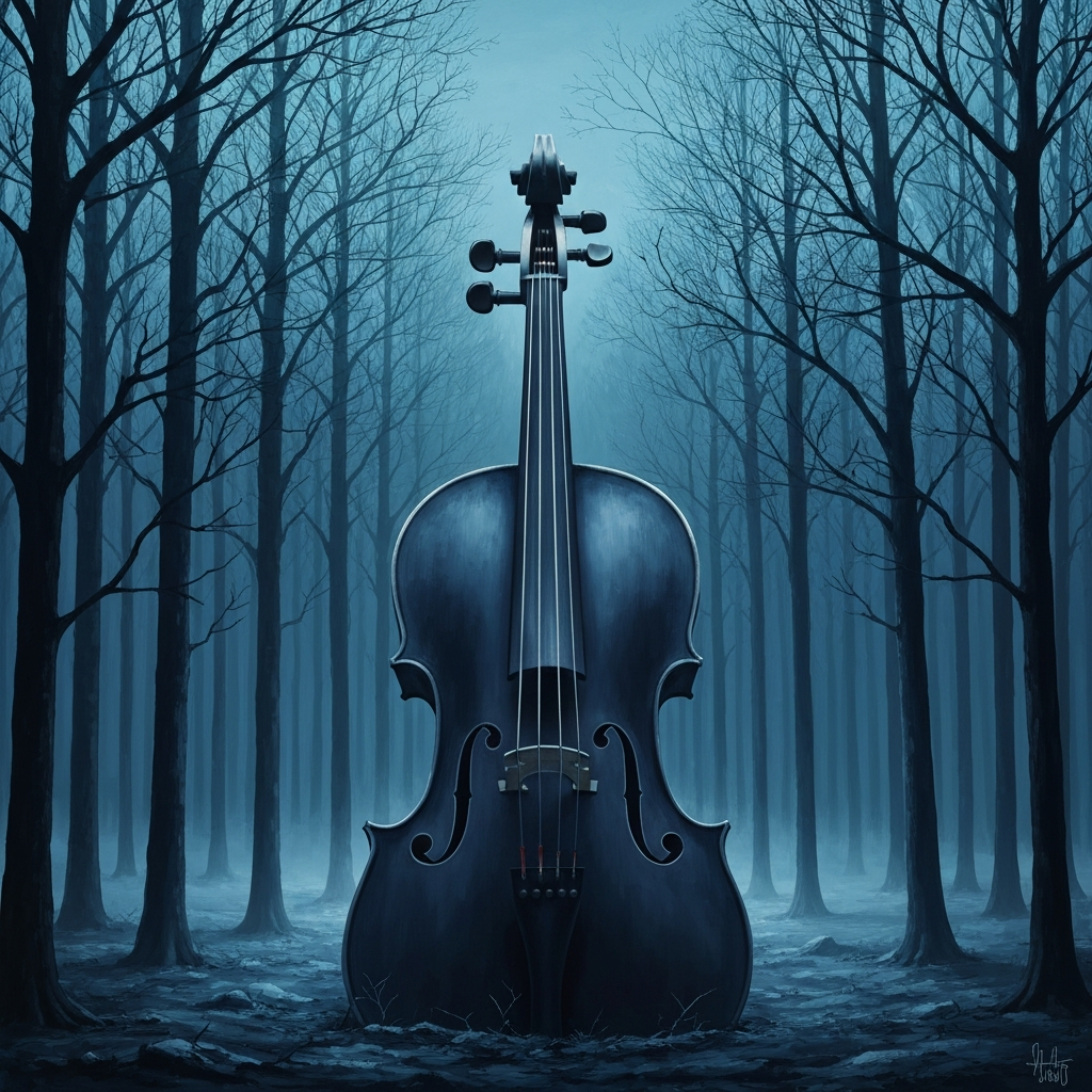 A surreal, atmospheric painting of a dense winter forest at twilight, where the branches of the barren trees subtly morph into the strings and neck of a cello, capturing the visual representation of silence and acoustic resonance, deep blues and muted silvers.