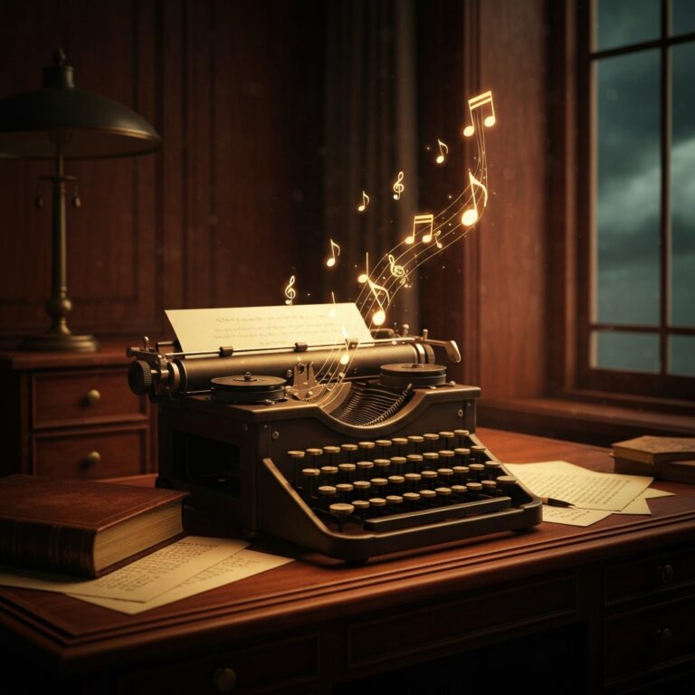 A close-up, highly detailed illustration of an antique typewriter with glowing musical notes floating upward from the keys instead of letters, set in a moody, dimly lit writer's study with warm mahogany tones and soft dust motes in the air, cinematic lighting.