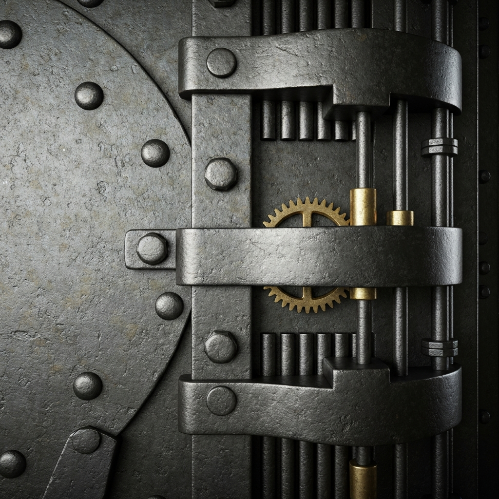 A close-up of a heavy, vintage iron vault door locking perfectly into place with intricate gears, symbolizing rigid restriction, structure, and psychological commitment, highly detailed.
