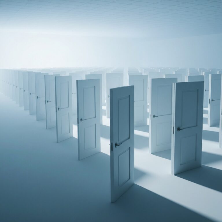 A vast, empty white room with hundreds of identical, unmarked doors stretching into the distance, conveying a sense of overwhelming choice and paralysis, cinematic lighting, surreal atmosphere.