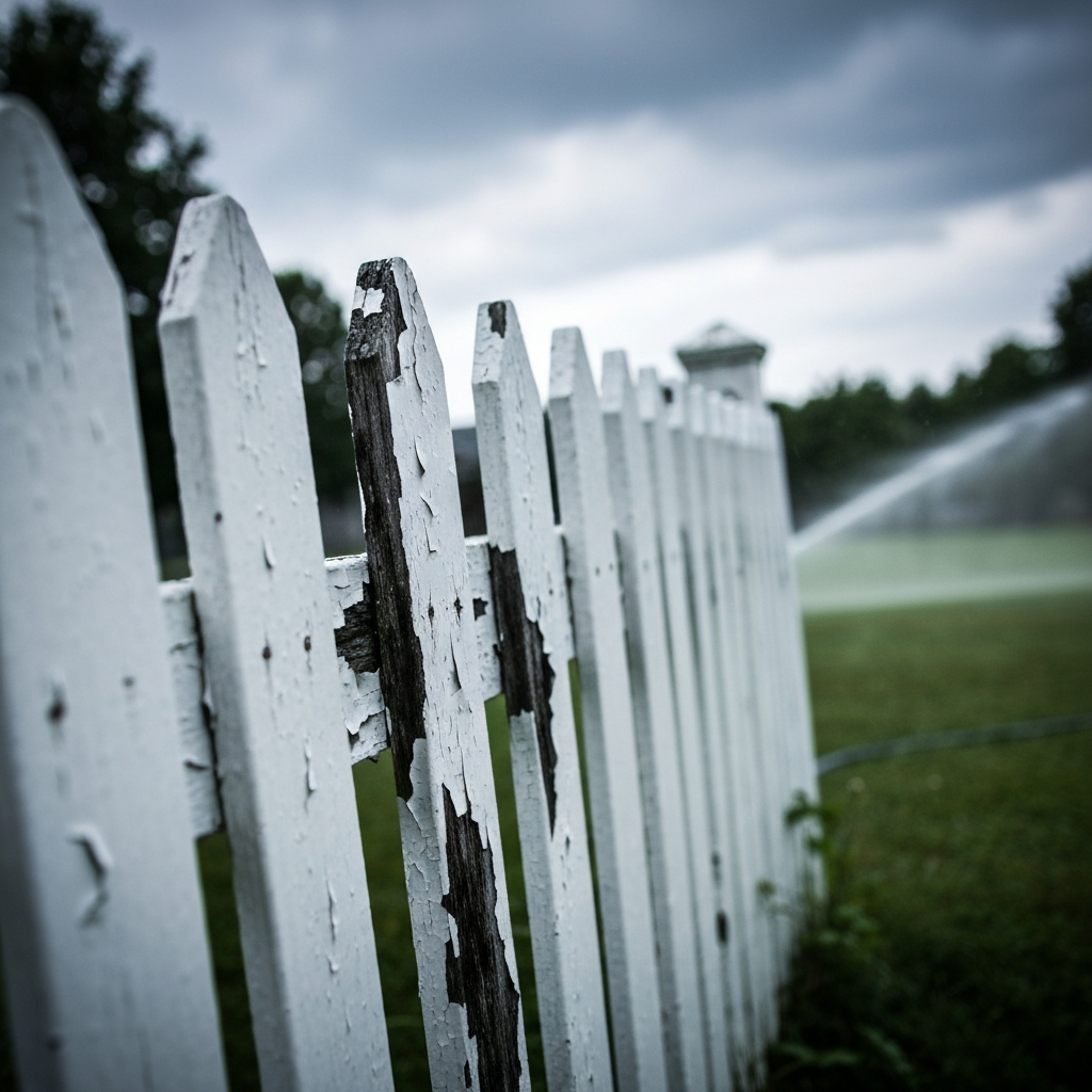A close-up of a white picket fence with peeling paint, revealing dark, rotting wood underneath. In the background, out of focus, a sprinkler sprays water across a lawn under a heavy, overcast sky. Symbolism of decaying American perfection, photorealistic.