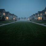 A moody, cinematic wide shot of a perfectly manicured suburban cul-de-sac at twilight. The houses are identical with glowing windows, but a subtle, unsettling fog rolls over the pristine green lawns. High contrast, atmospheric lighting, evocative of literary suspense.