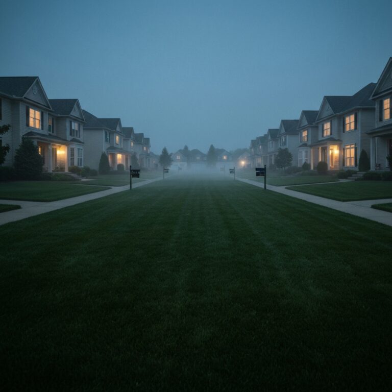 A moody, cinematic wide shot of a perfectly manicured suburban cul-de-sac at twilight. The houses are identical with glowing windows, but a subtle, unsettling fog rolls over the pristine green lawns. High contrast, atmospheric lighting, evocative of literary suspense.