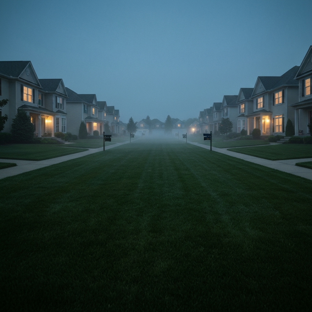 A moody, cinematic wide shot of a perfectly manicured suburban cul-de-sac at twilight. The houses are identical with glowing windows, but a subtle, unsettling fog rolls over the pristine green lawns. High contrast, atmospheric lighting, evocative of literary suspense.