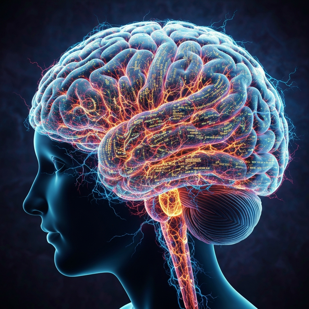 A conceptual illustration of a human brain with glowing neural pathways that resemble a complex, illuminated text or code, representing the neurological impact of internal dialogue, highly detailed, cyberpunk aesthetic.