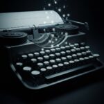 A macro shot of a vintage typewriter with glowing, ethereal letters rising from the keys, symbolizing the power of language in shaping reality, dark moody lighting, cinematic composition.