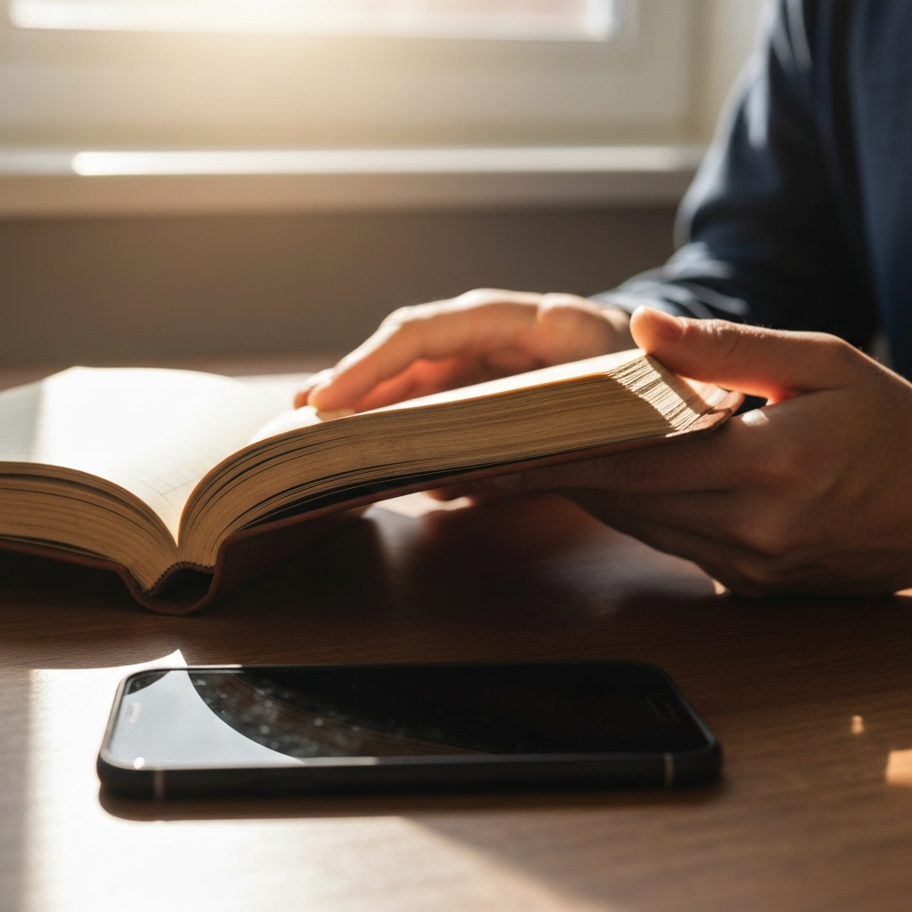 A close-up shot of a person's hands holding a thick, leather-bound notebook open on a wooden desk. Next to it, a sleek modern smartphone lies face down. Natural sunlight streaming through a window highlights the texture of the paper and ink. High detail, shallow depth of field.