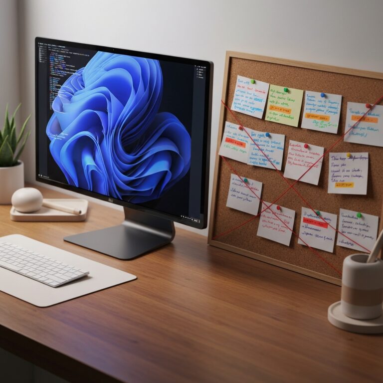 A minimalist desk setup featuring a glowing computer monitor displaying abstract code, contrasted sharply with a textured, physical corkboard covered in layered, handwritten index cards and red string. Cinematic lighting, hyper-realistic, 8k resolution.