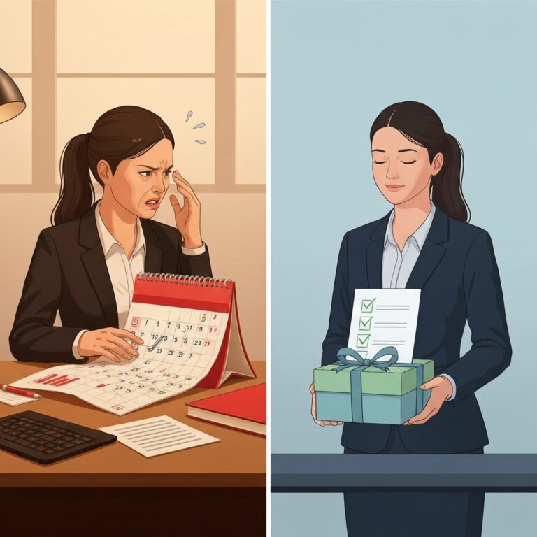 A split-screen minimalist illustration. On the left, a stressed professional looking at a chaotic, overflowing calendar. On the right, a calm, translucent version of the same person receiving a neatly wrapped gift box containing a clean checklist. Warm and cool color contrast, corporate editorial style.