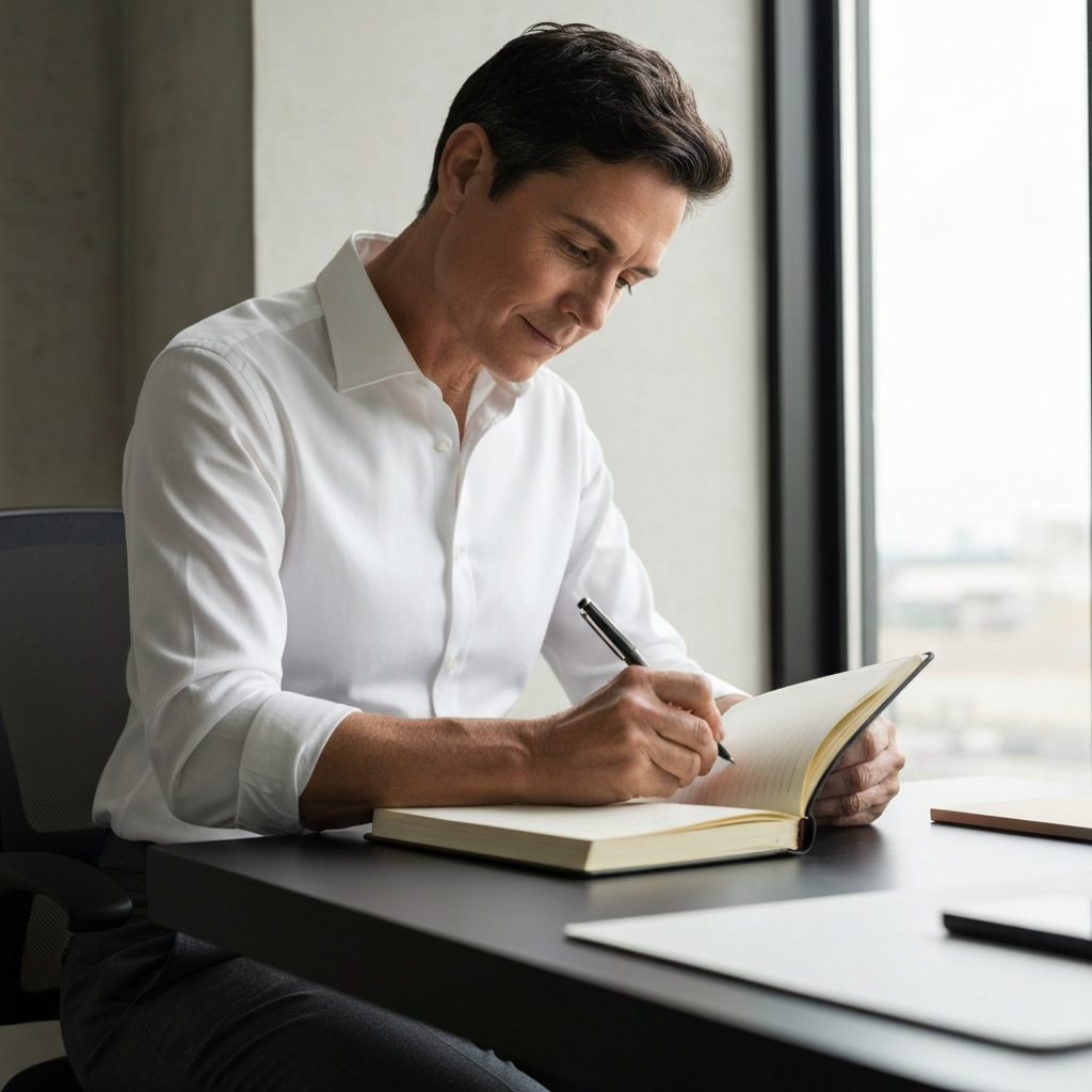 A sleek, modern workspace featuring a calm individual writing deliberately in a notebook, while blurred, high-speed streaks of light representing chaotic, fast-paced tasks orbit around them. High contrast, shallow depth of field, premium professional photography.