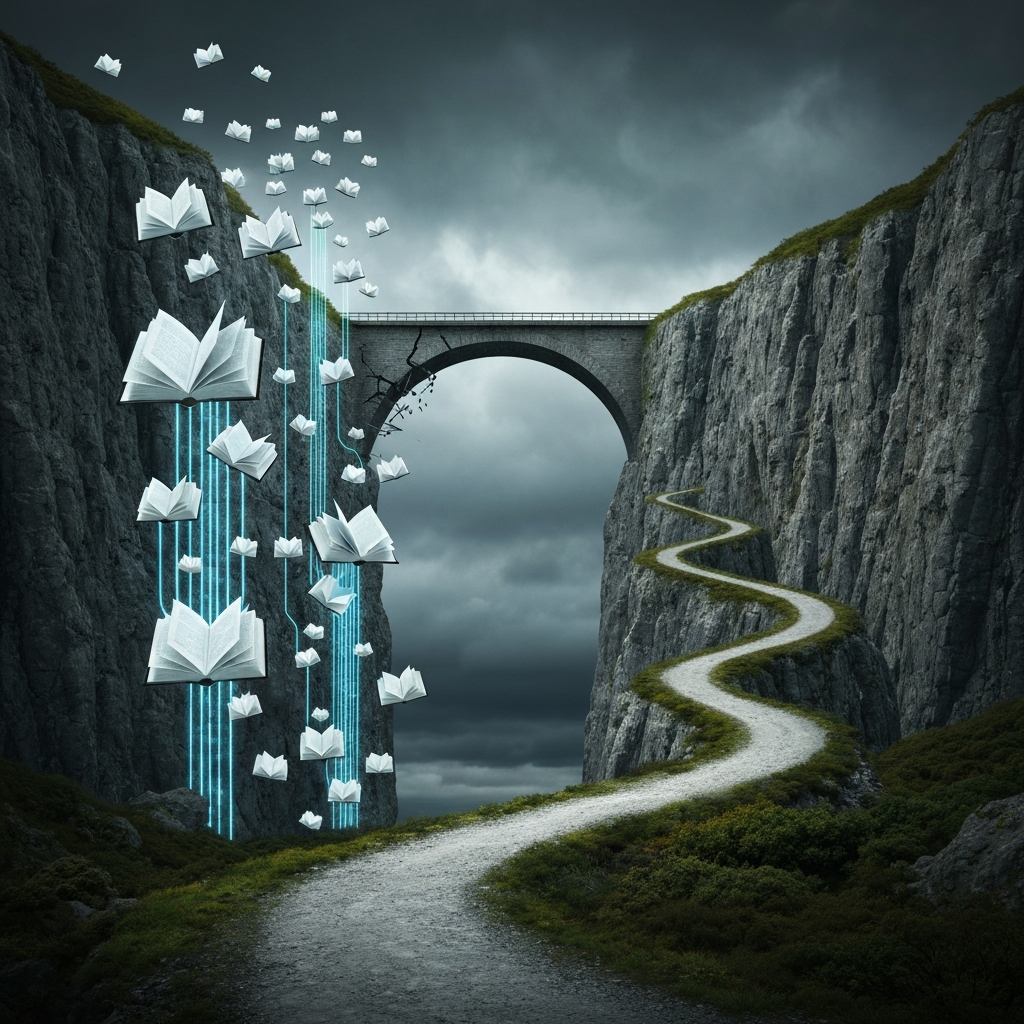 A visual metaphor of a crumbling bridge between two cliffs; one cliff is covered in glowing, floating books and data streams, while the other cliff is rugged, solid rock with a clear path forward, moody atmosphere, hyper-realistic.