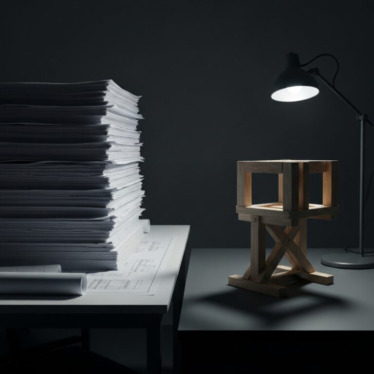 A stark, minimalist workspace featuring a massive stack of complex blueprints on one side of a desk, and a single, crudely built but functional wooden prototype on the other, dramatic lighting, cinematic photography.