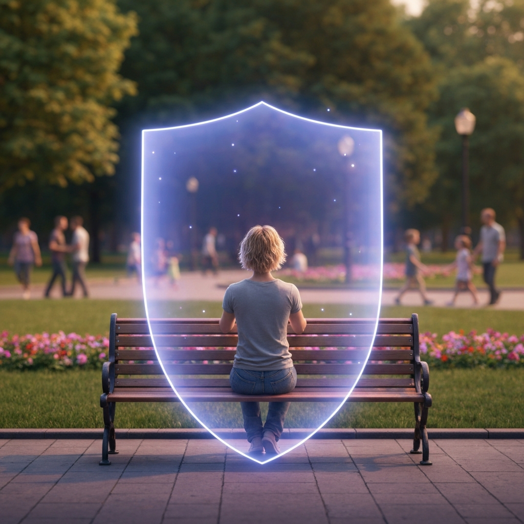 A visual metaphor for a silent boundary. A serene, glowing semi-transparent shield surrounds a person sitting peacefully on a park bench. The surrounding environment is bustling and slightly blurred, showing the contrast between internal peace and external noise. Warm, cinematic lighting, photorealistic.