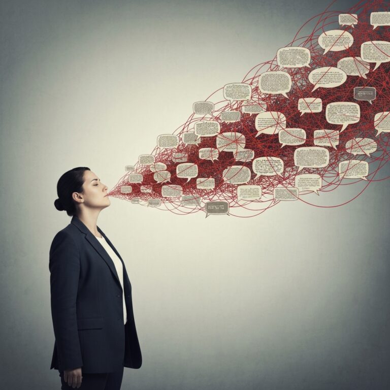 A conceptual illustration of over-explaining. A person stands calmly while a chaotic, tangled web of overlapping speech bubbles and red strings emanates from their mouth, fading into a muted gray background. Minimalist psychological art style, soft lighting.