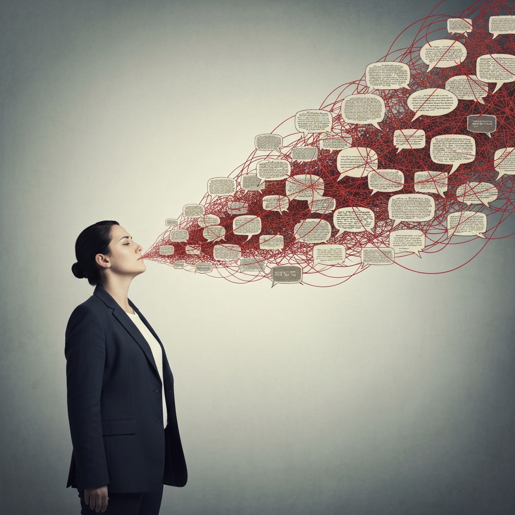 A conceptual illustration of over-explaining. A person stands calmly while a chaotic, tangled web of overlapping speech bubbles and red strings emanates from their mouth, fading into a muted gray background. Minimalist psychological art style, soft lighting.