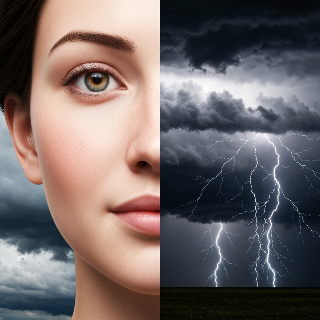 A split-screen visual metaphor: one side shows a calm, serene face masking intense internal storm clouds and lightning within the silhouette, illustrating the hidden physiological cost of surviving chaos, high contrast, surrealism style.