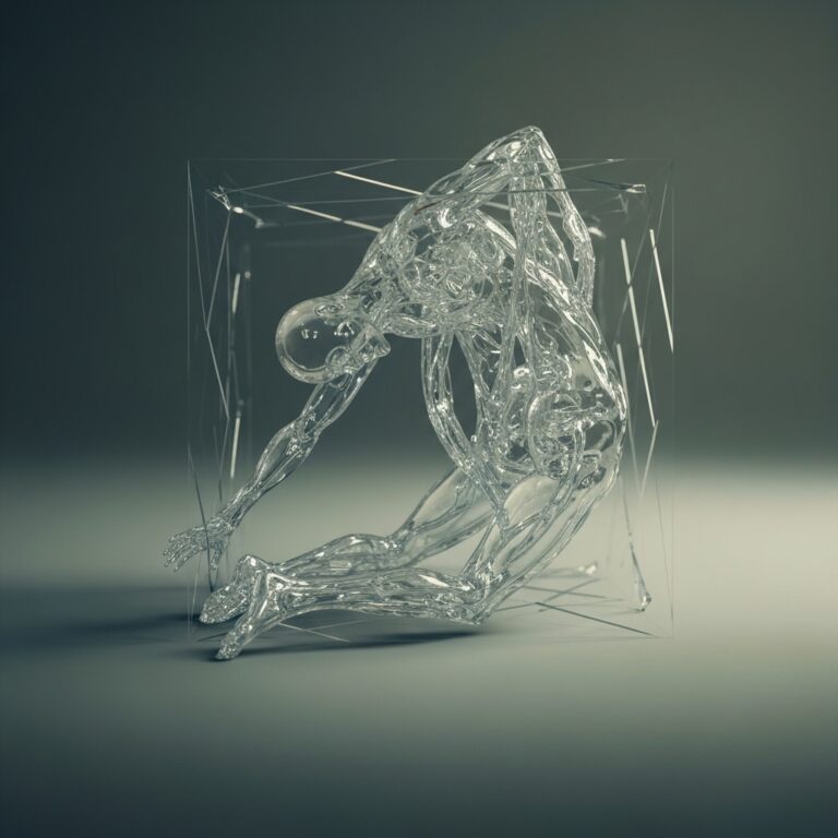 A conceptual, minimalist illustration showing a human figure made of flexible, translucent glass contorting to fit inside a jagged, chaotic geometric box, representing hyper-adaptability and psychological pressure, soft muted color palette, cinematic lighting.