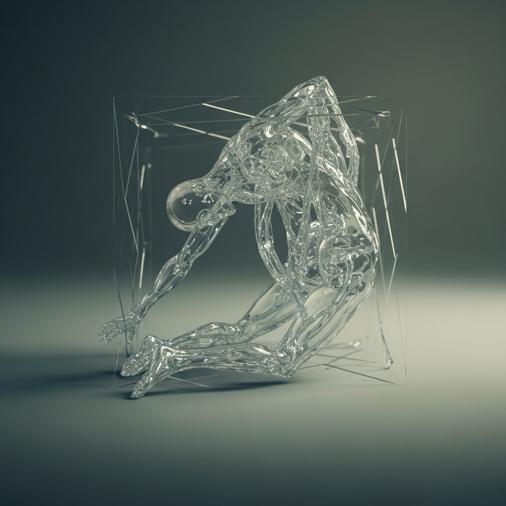A conceptual, minimalist illustration showing a human figure made of flexible, translucent glass contorting to fit inside a jagged, chaotic geometric box, representing hyper-adaptability and psychological pressure, soft muted color palette, cinematic lighting.